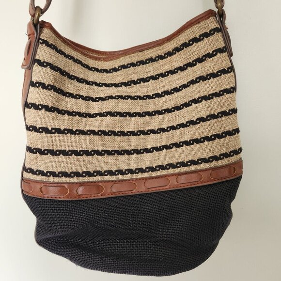 Lucky Brand Purse Tan Brown Natural Linen Faux Leather Bucket Hobo Crossbody Bag - Picture 6 of 13